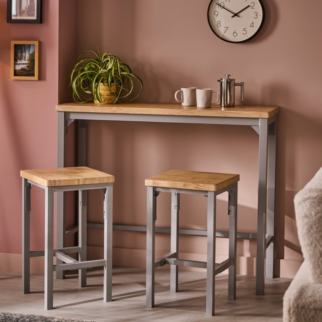Nina 2 Seater Wood Effect Slim Bar Set with 2 Wood Effect Bar Stools - Grey