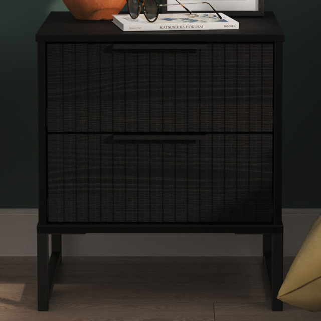Crowndale Fluted 2 Drawer Black Ash Compact Bedside Cabinet Ready Assembled - image 1