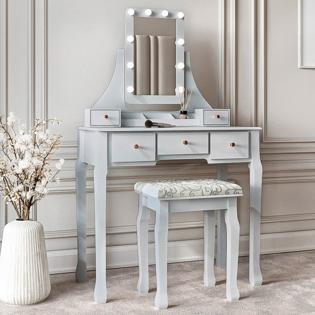 CARME Home Arianna Deluxe 5 Drawer Grey Hollywood Mirror Dressing Table - image 1