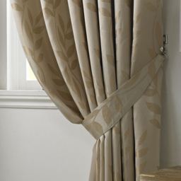 Alan Symonds Dupion Leaf Jacquard Ring Top Eyelet Curtains Latte 229 x 274cm - thumbnail 3