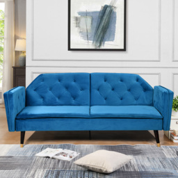 Comfy Living 3 Seater Plush Velvet Blue Tufted Sofa Bed with Black and Gold Legs