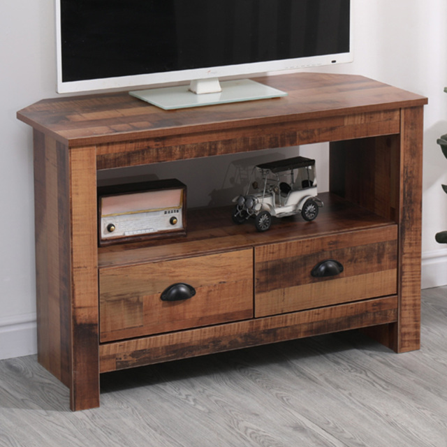 FurnitureHMD Industrial Style Natural 2 Drawer Single Shelf Wooden Corner TV Unit - image 1
