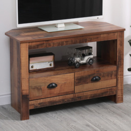 FurnitureHMD Industrial Style Natural 2 Drawer Single Shelf Wooden Corner TV Unit