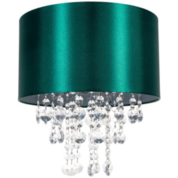Happy Homewares Forest Green Satin Fabric Ceiling Pendant Shade with Transparent Acrylic Droplets