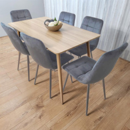 Kosy Koala 6 Seater Velvet Wood Effect Rectangle Dining Set Grey - thumbnail 1