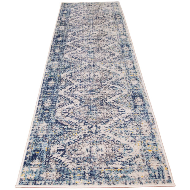 Kukoon Bordered Geometric Distressed Navy Blue and Grey Rug 240 x 60cm - image 1