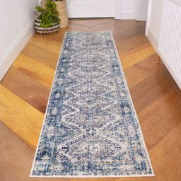 Kukoon Bordered Geometric Distressed Navy Blue and Grey Rug 240 x 60cm - thumbnail 2