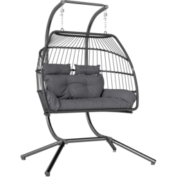 Outsunny Dark Grey 2 Seater Rattan Hanging Egg Chair with Stand and Cushion - thumbnail 2