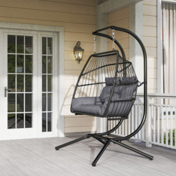 Outsunny Dark Grey 2 Seater Rattan Hanging Egg Chair with Stand and Cushion - thumbnail 4
