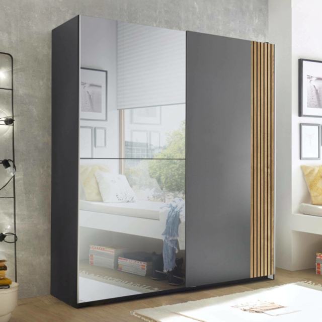 Julian Bowen Berno Light Oak and Dark Grey 2 Door Mirrored Sliding Wardrobe - image 1