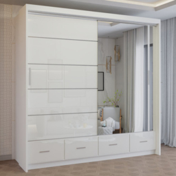 M N Furniture Seliyaa 2 Door 4 Drawer White High Gloss Sliding Door Wardrobe 203cm
