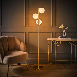 ValueLights Jas Gold 3 Way Floor Lamp with White Glass Globe Shade and Bulb - thumbnail 2