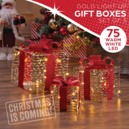The Christmas Workshop 75 Warm White LED Red and Gold Gift Box Decoration Set of 3 - thumbnail 4