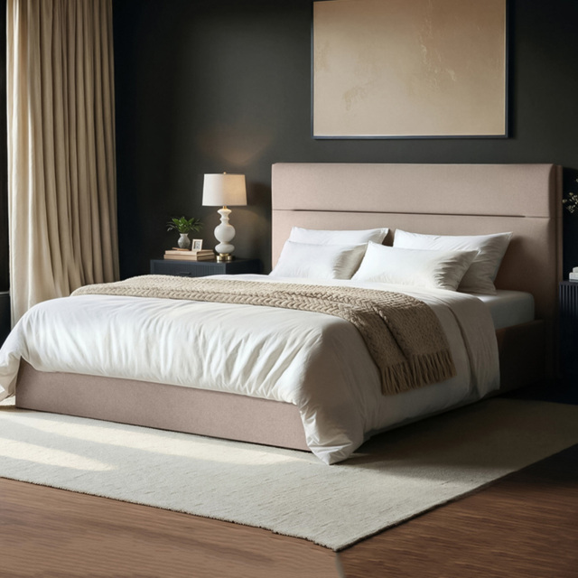SOLACE+CO Nela Double Beige Woven Fabric Ottoman Bed with Padded Headboard - image 1