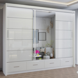 M N Furniture Seliyaa 3 Door 4 Drawer White High Gloss Sliding Door Wardrobe 255cm
