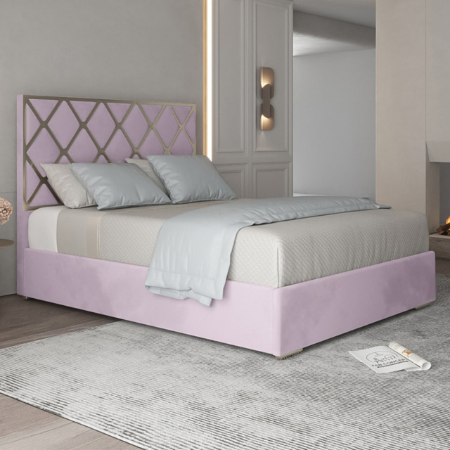Tammy King Size Pink Soft Velvet Upholstered Metal Bed Frame with Panelled Headboard - image 1
