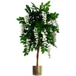 Leaf White Wisteria Artificial Trunk with Gold Metal Planter 130cm - thumbnail 1