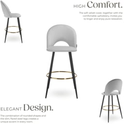 tectake Rachel Set of 6 Light Grey and Black Velvet Look Bar Stools - thumbnail 3