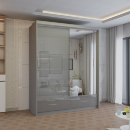 M N Furniture Seliyaa 2 Door 2 Drawer Grey High Gloss Sliding Door Wardrobe 150cm - thumbnail 4
