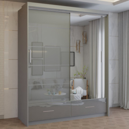 M N Furniture Seliyaa 2 Door 2 Drawer Grey High Gloss Sliding Door Wardrobe 150cm