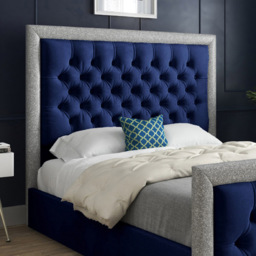 Venice Small Double Blue Soft Velvet Upholstered Bed Frame with Glitter Border Headboard - thumbnail 3