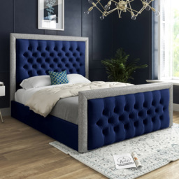 Venice Small Double Blue Soft Velvet Upholstered Bed Frame with Glitter Border Headboard