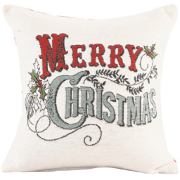 Noel Square Cotton Chenille Merry Xmas Holly Cushion 43 x 43cm