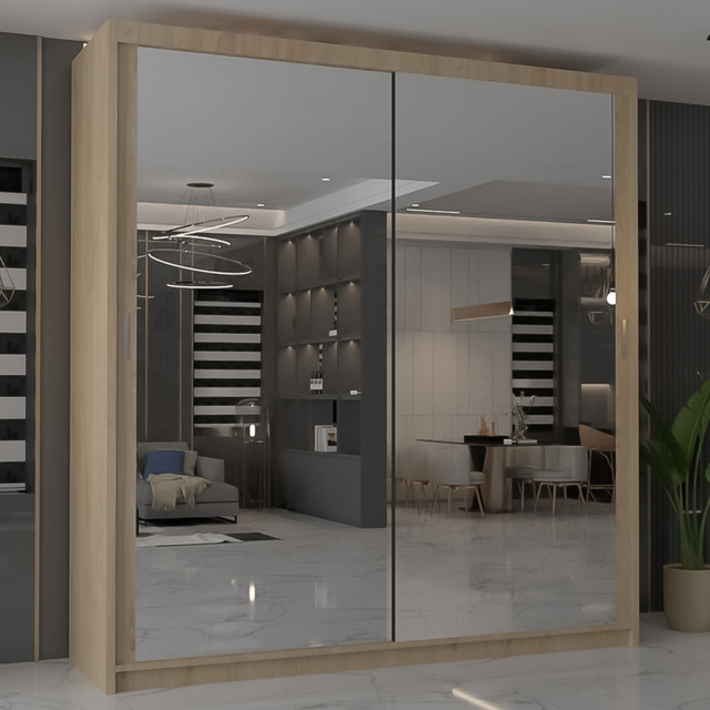M N Furniture Modern Gala 2 Door Oak Mirrored Sliding Wardrobe 100cm - image 1