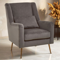 Premier Housewares Doucet Grey Velvet Chair with Gold Legs - thumbnail 1