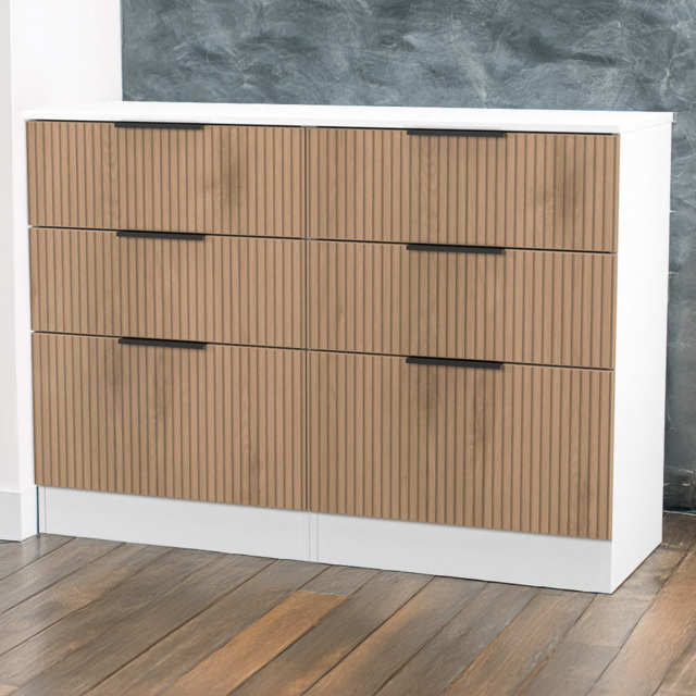 Crowndale Java Slatt Effect and White 6 Drawer Wide Midi Chest of Drawers - image 1