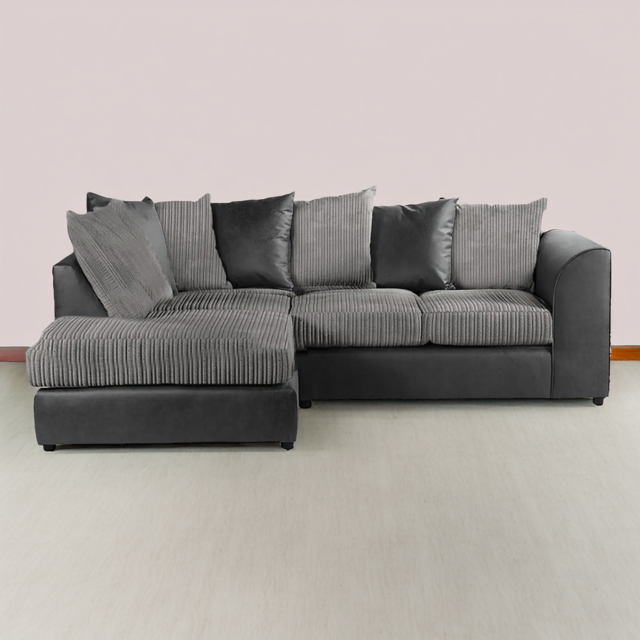 Luxor 3 Seater Black and Grey Jumbo Cord Left Hand Facing L Shaped Corner Sofa - image 1