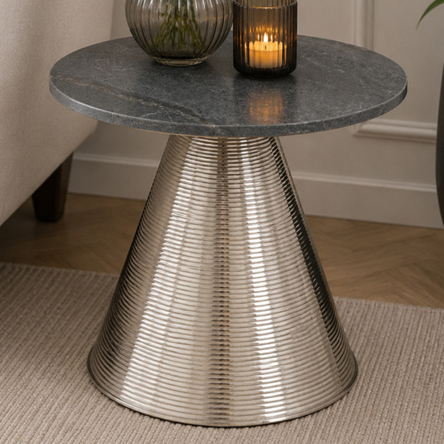 Premier Housewares Martini Grey Marble Silver Round Side Table with Gold Finish Frame - image 1