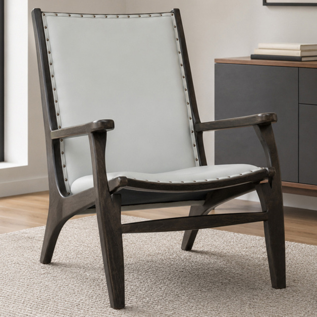 Premier Housewares Kendari Grey Leather and Teak Wood Chair - image 1