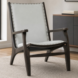 Premier Housewares Kendari Grey Leather and Teak Wood Chair - thumbnail 1