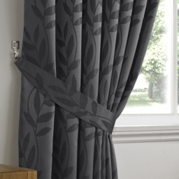 Alan Symonds Dupion Leaf Jacquard Ring Top Eyelet Curtains Charcoal 168 x 137cm - thumbnail 3