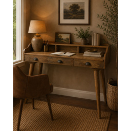 Artisan Furniture Oak-ish 3 Drawer Solid Wood Gallery Back Shell Writing Desk