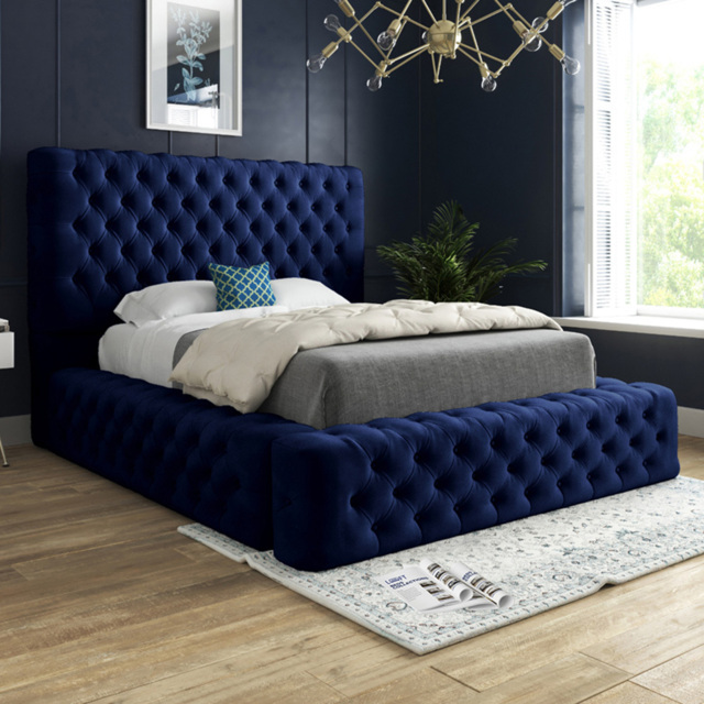 Grand Milan Blue Small Single Upholstered Bed Frame with Pleated Chesterfield Headboard - image 1