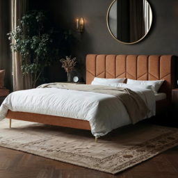 SOLACE+CO Isabela Double Light Orange Chenille Ottoman Bed with Panel Headboard