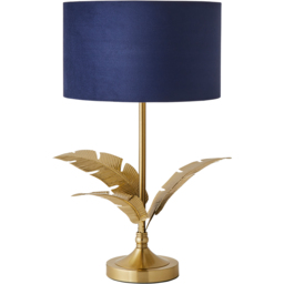 ValueLights Christina Gold Inner Navy Velvet Drum Shade Gold Palm Leaf LED Table Lamp