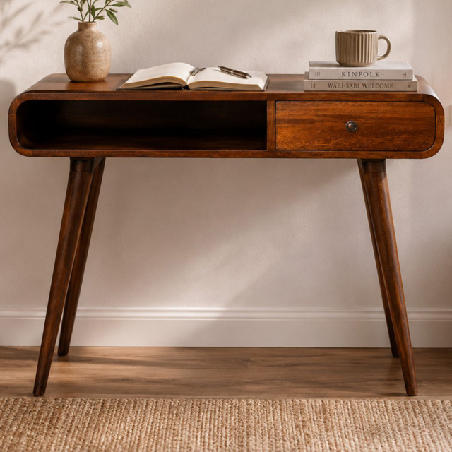 Artisan Furniture Chestnut Brown Single Drawer Solid Wood Curved Writing Desk - image 1
