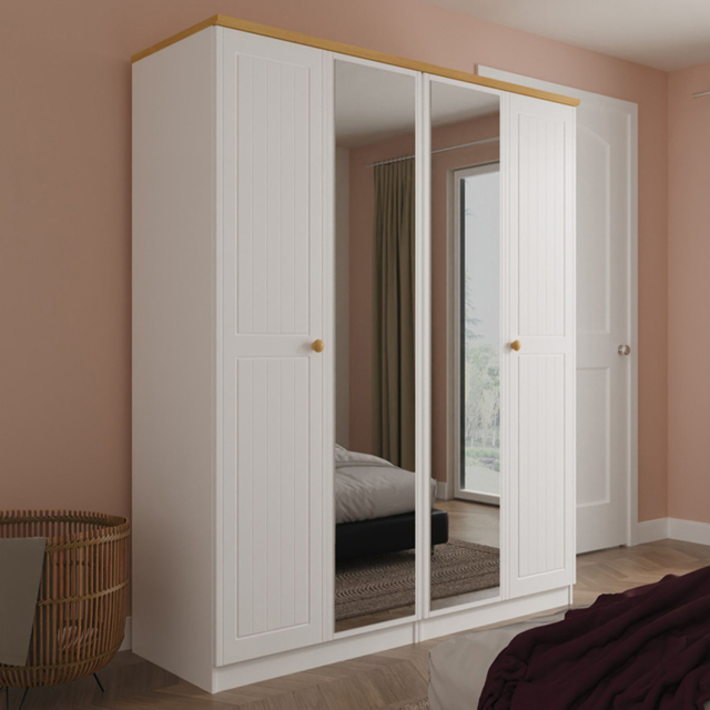 Crowndale Warwick 4 Door White Ash and Modern Oak Mirror Wardrobe Ready Assembled - image 1