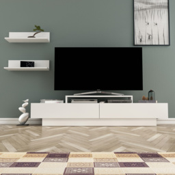 Decorotika Lusi White 2 Door Single Shelf TV Unit with 2 Floating Wall Shelf - thumbnail 1