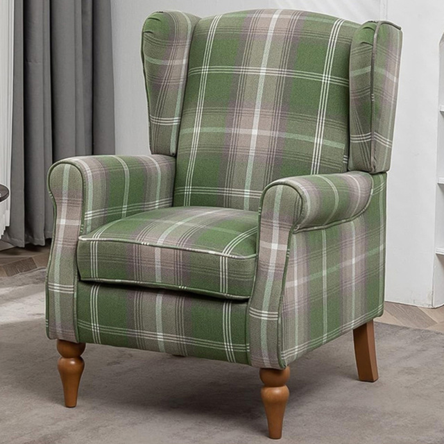 Furniture One Green Check Fabric Wing Back Fireside Armchair - image 1