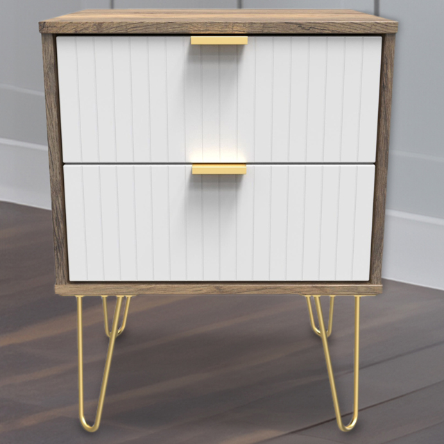 Crowndale 2 Drawer White Matt and Vintage Oak Bedside Table Ready Assembled - image 1