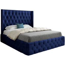 Turin Double Blue Soft Velvet Upholstered Bed Frame with Straight Winged Headboard - thumbnail 2
