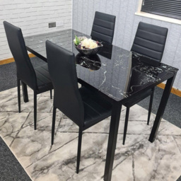 Kosy Koala 4 Seater Glass and Faux Leather Dining Set Black Marble Effect and Black - thumbnail 1