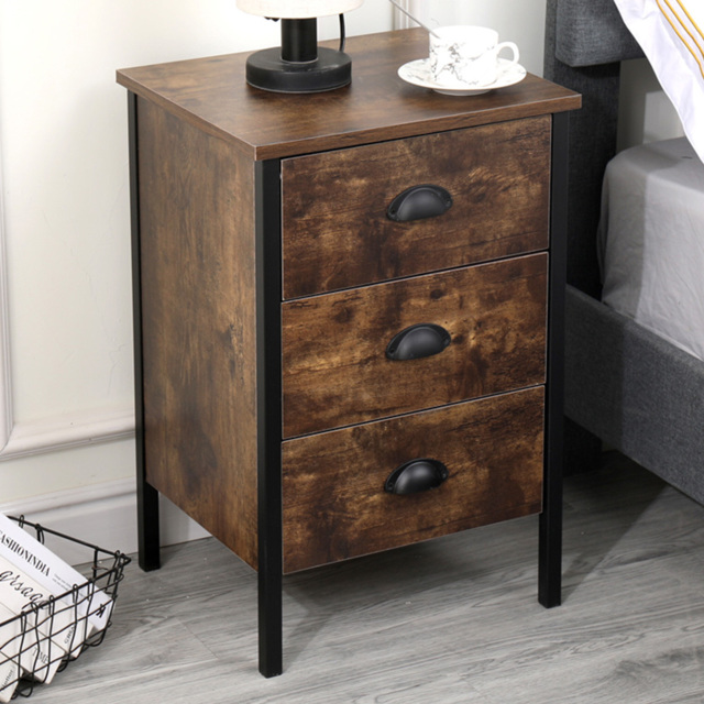FurnitureHMD Industrial Style Natural 3 Drawer Wooden Bedside Table Set of 2 - image 1