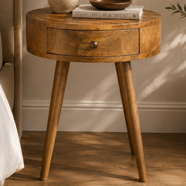 Artisan Furniture Nordic Beige Single Drawer Solid Wood Circular Shaped Bedside Table - image 1