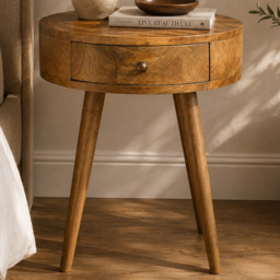 Artisan Furniture Nordic Beige Single Drawer Solid Wood Circular Shaped Bedside Table - thumbnail 1