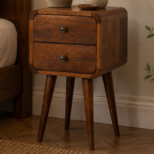 Artisan Furniture Chestnut Brown 2 Drawer Solid Wood Mini Curved Bedside Table - image 1